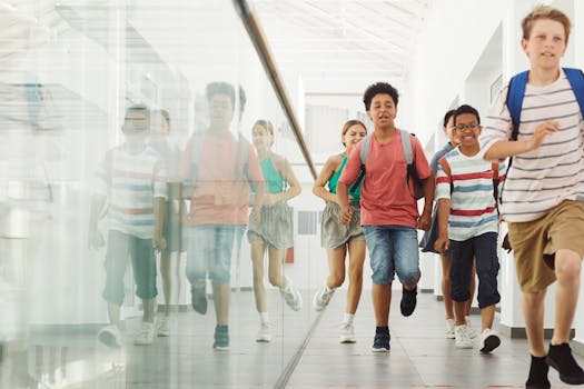 Energetic children with backpacks running in a modern school hallway, showcasing diversity and excitement.