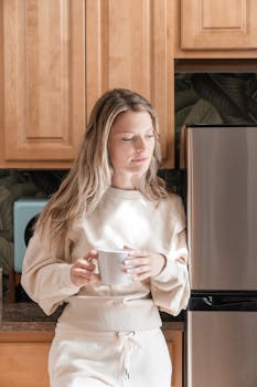 A woman stands in a bright kitchen holding a coffee mug, enjoying a quiet morning moment.