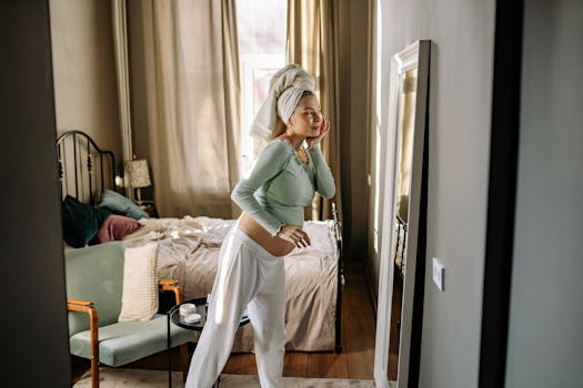 Pregnant woman with towel on head looking in mirror, enjoying a calm moment indoors.